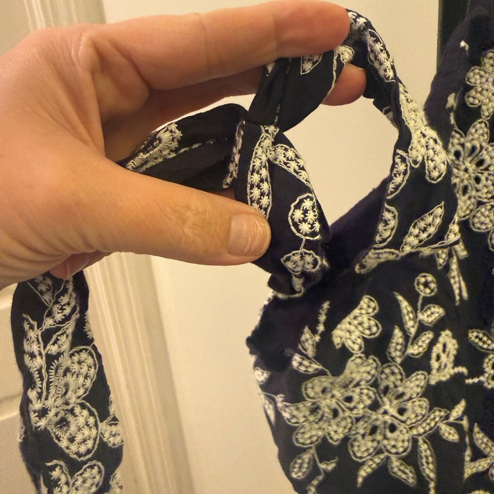 LOFT Navy Floral Eyelet with Faux Tie Strap Mini Dress - Picture 11 of 12